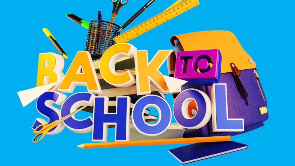 Krāsaina 3D grafika ar uzrakstu Back to School un skolas piederumiem.