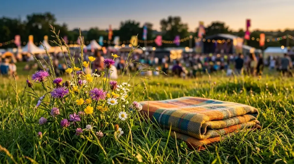 Ziedi un rūtains pleds zaļā zālē festivāla norises vietā ar skatuves fona gaismām.