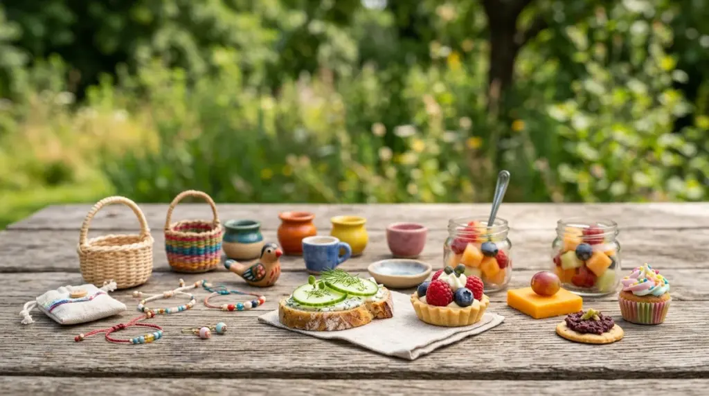 Miniatūras groziņi, rotaslietas un uzkodas izkārtotas uz koka galda dārza fonā.