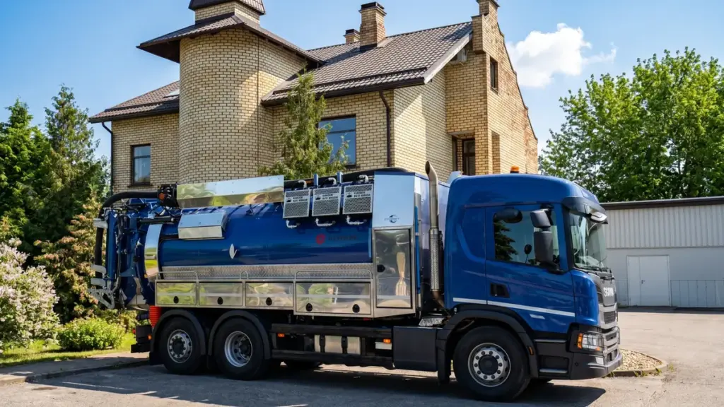 Zila autocisternas kravas automašīna ar hromētiem elementiem stāv pie dzīvojamās mājas un kokiem.