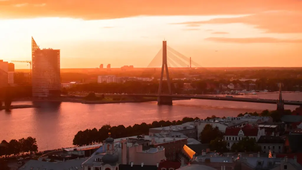 Panorāmas skats uz Rīgas pilsētu ar Vanšu tiltu saulrietā pār Daugavu.