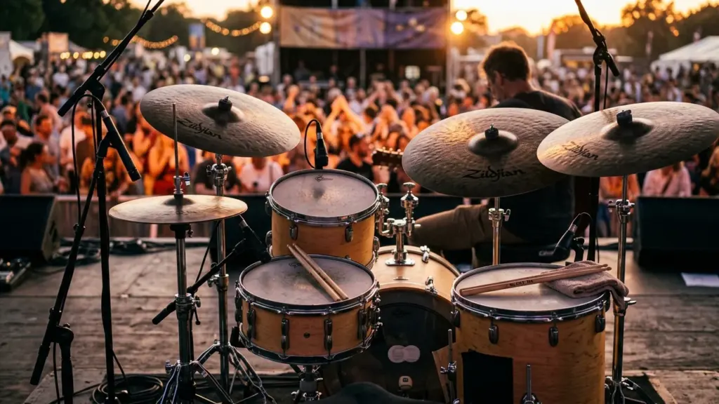Bundzinieks uz skatuves spēlē bungas festivālā ar skatītāju pūli saulrietā fonā.