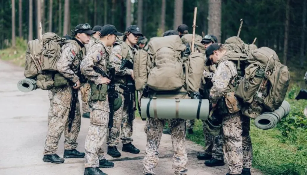 Latvijas jaunsargi ar pilnu ekipējumu un mugursomām pulcējas meža ceļā mācību laikā.