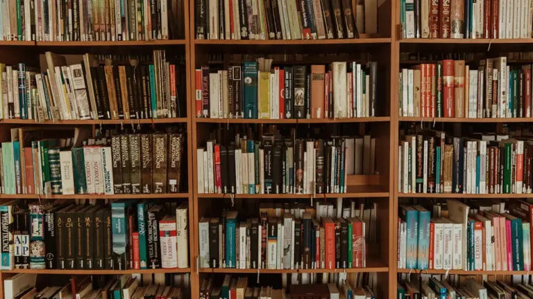 Plaukts ar daudzām dažādām grāmatām bibliotēkā, gatavojoties jauno grāmatu dienai.