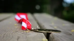 Zelta medaļa ar sarkanbaltu lenti novietota uz koka galda virsmas.