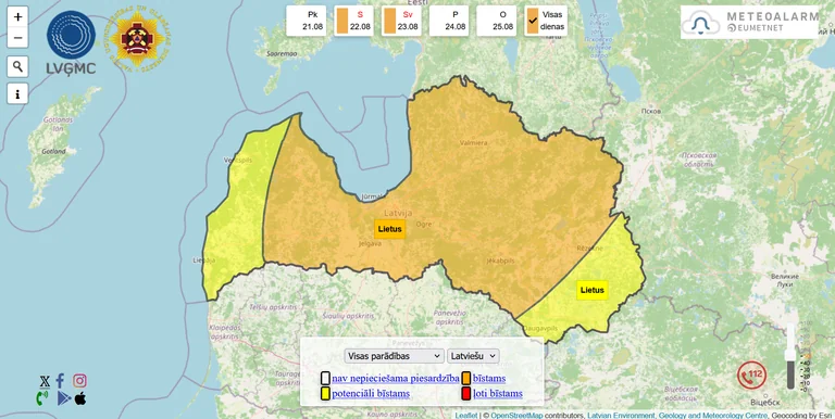 Jelgavā izsludināts oranžais brīdinājums: gaidāms ļoti stiprs lietus